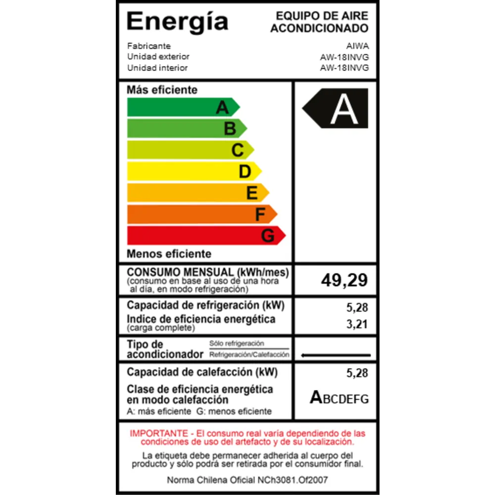 Aiwa Inverter 18000 BTU Frío/Calor Wi-Fi, foto 5