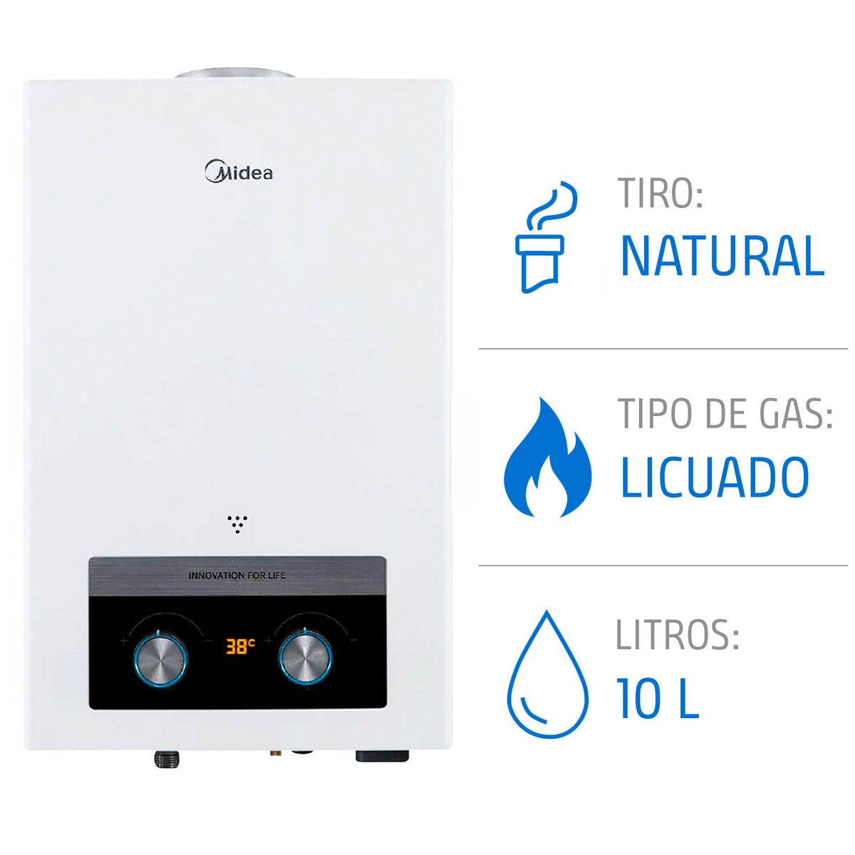 Calefón Gas Licuado 10 Litros Tiro Natural Ionizado, marca MIDEA - Foto Principal