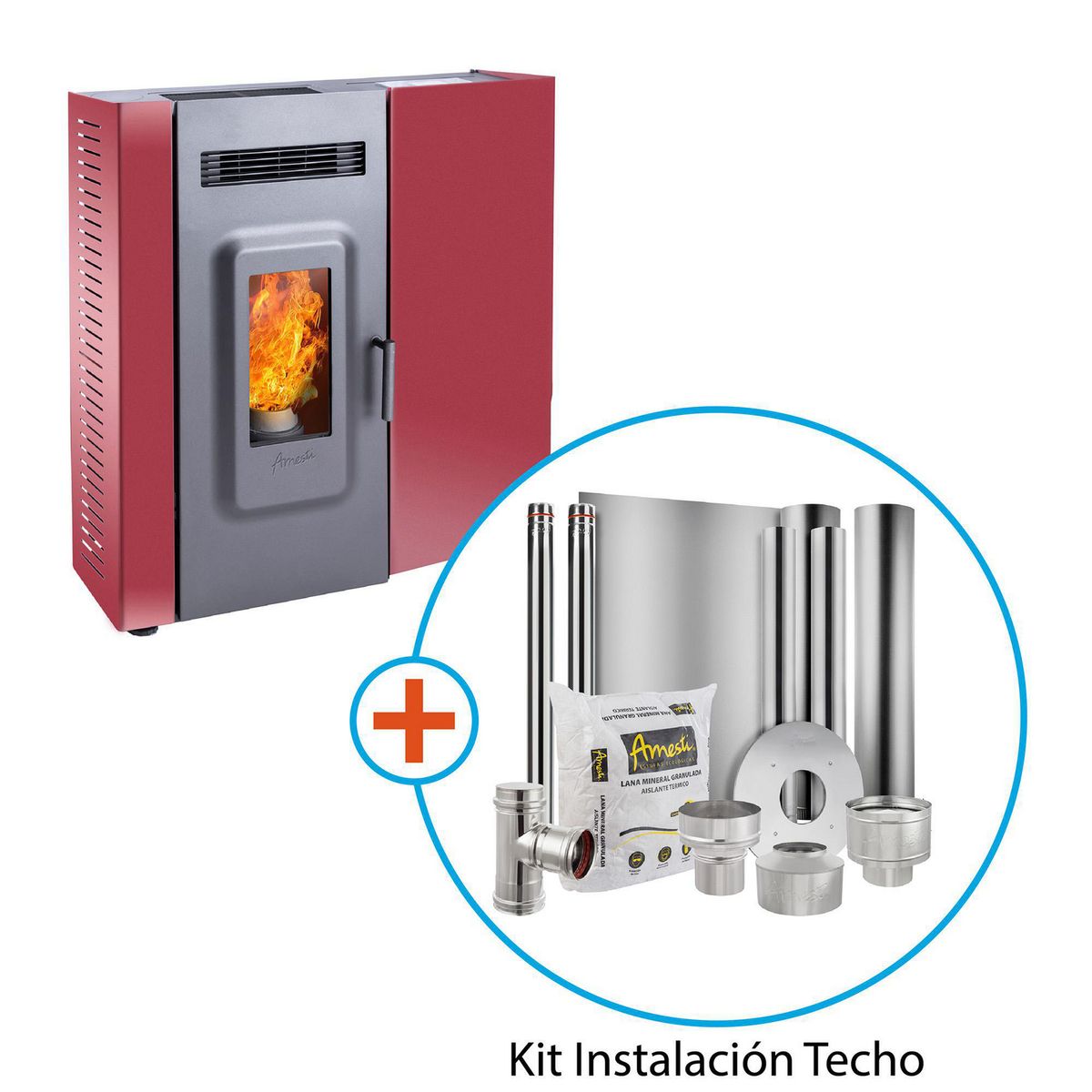 AMESTI - Estufa Pellet Slim 9000 Roja + Kit Instalación Techo Rojo
