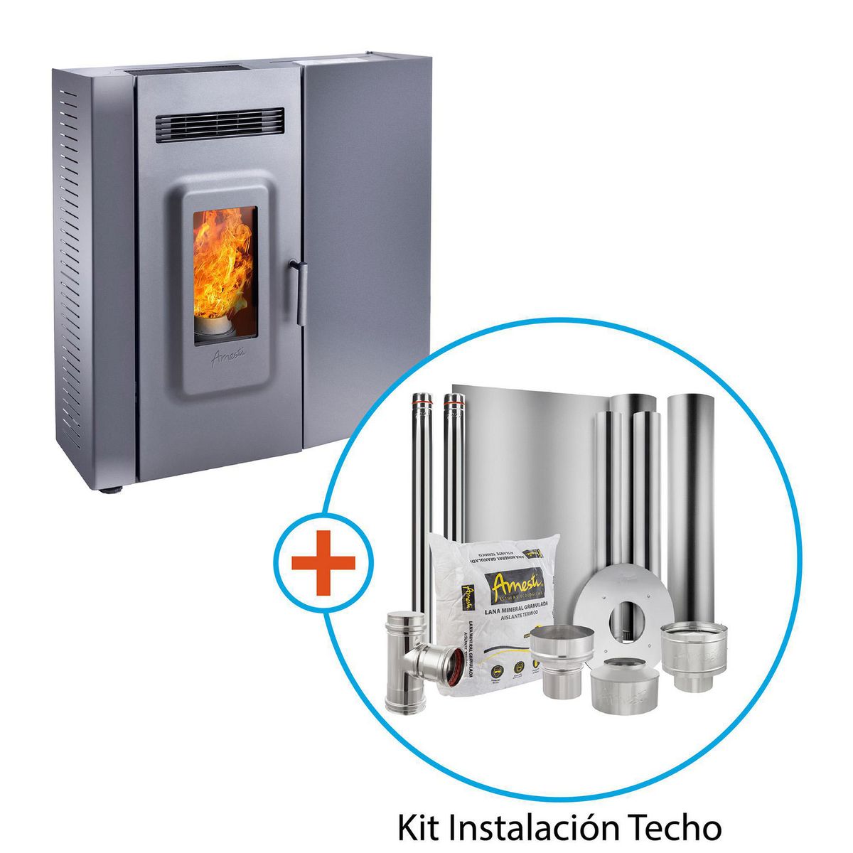 AMESTI - Estufa Pellet Slim 9000 Negra + Kit Instalación Techo Negro