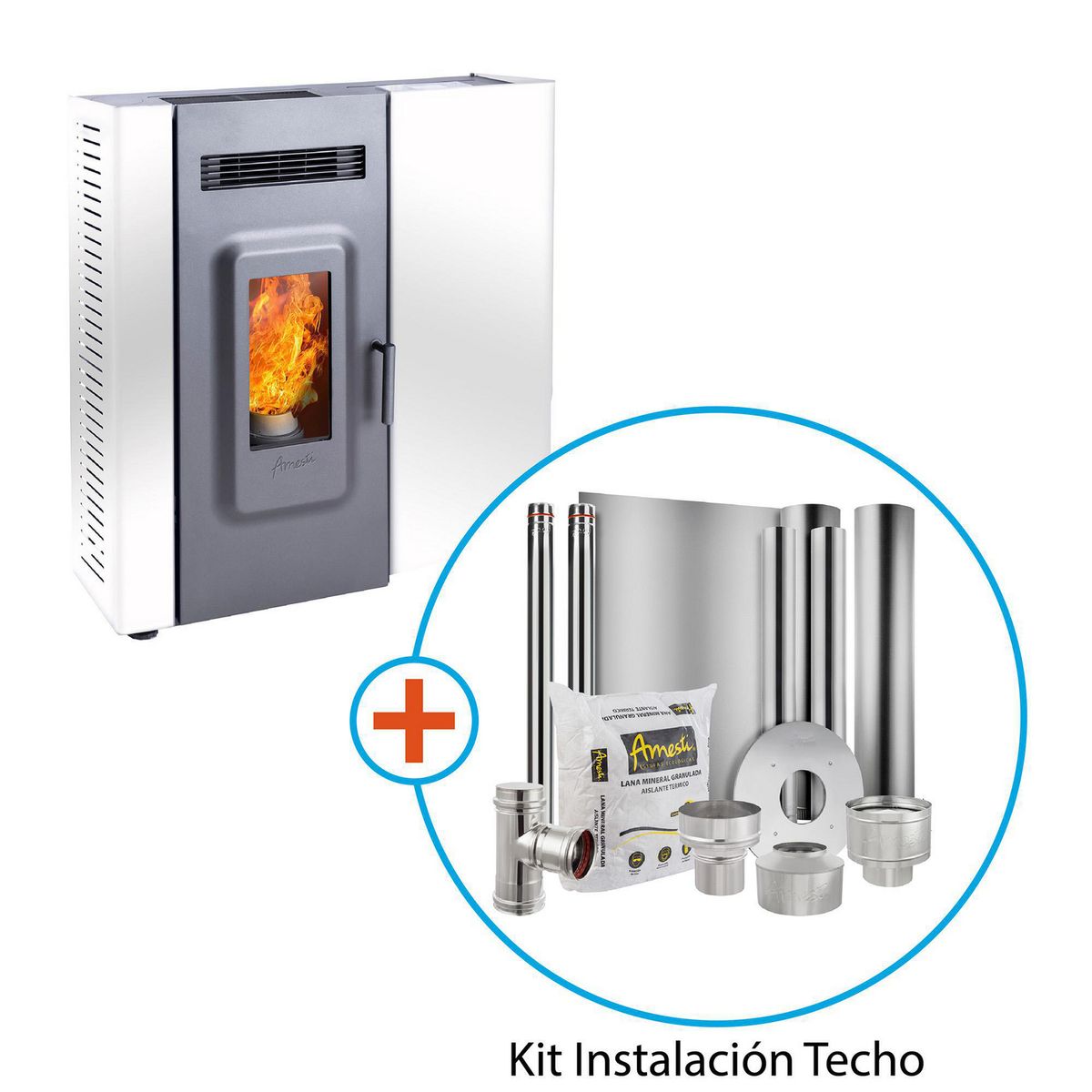 AMESTI - Estufa Pellet Slim 9000 Blanca + Kit Instalación Techo Blanco