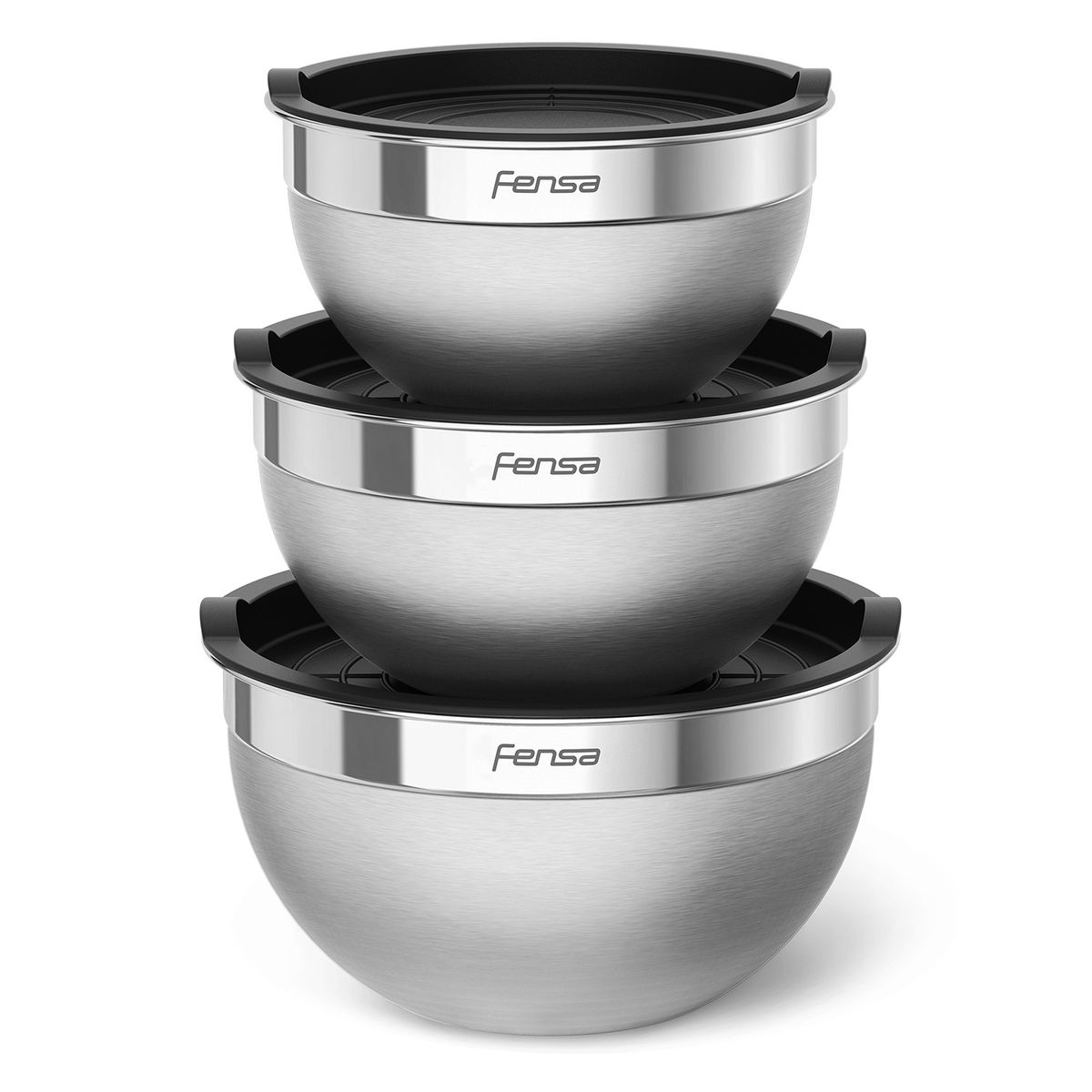 FENSA - Set de 3 Bowls Fensa Inoxidable con Tapa Hermética 2.6 2 y 1.4 Litros