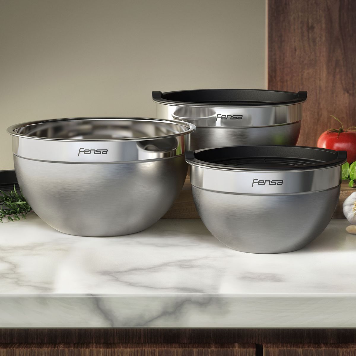 FENSA - Set de 3 Bowls Fensa Inoxidable con Tapa Hermética 2.6 2 y 1.4 Litros