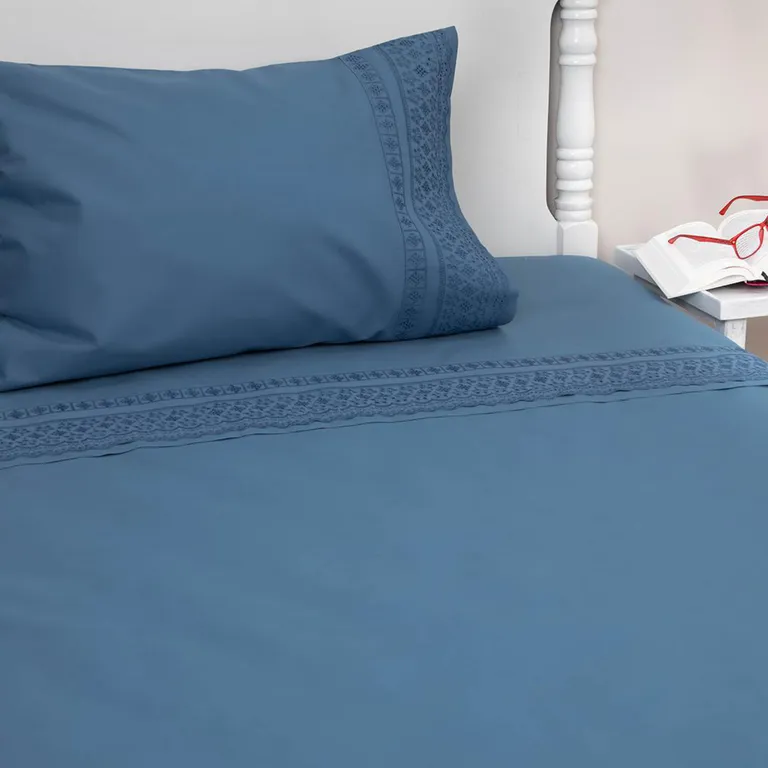 Sabana Broderie 2 plazas 144 Hilos Azul