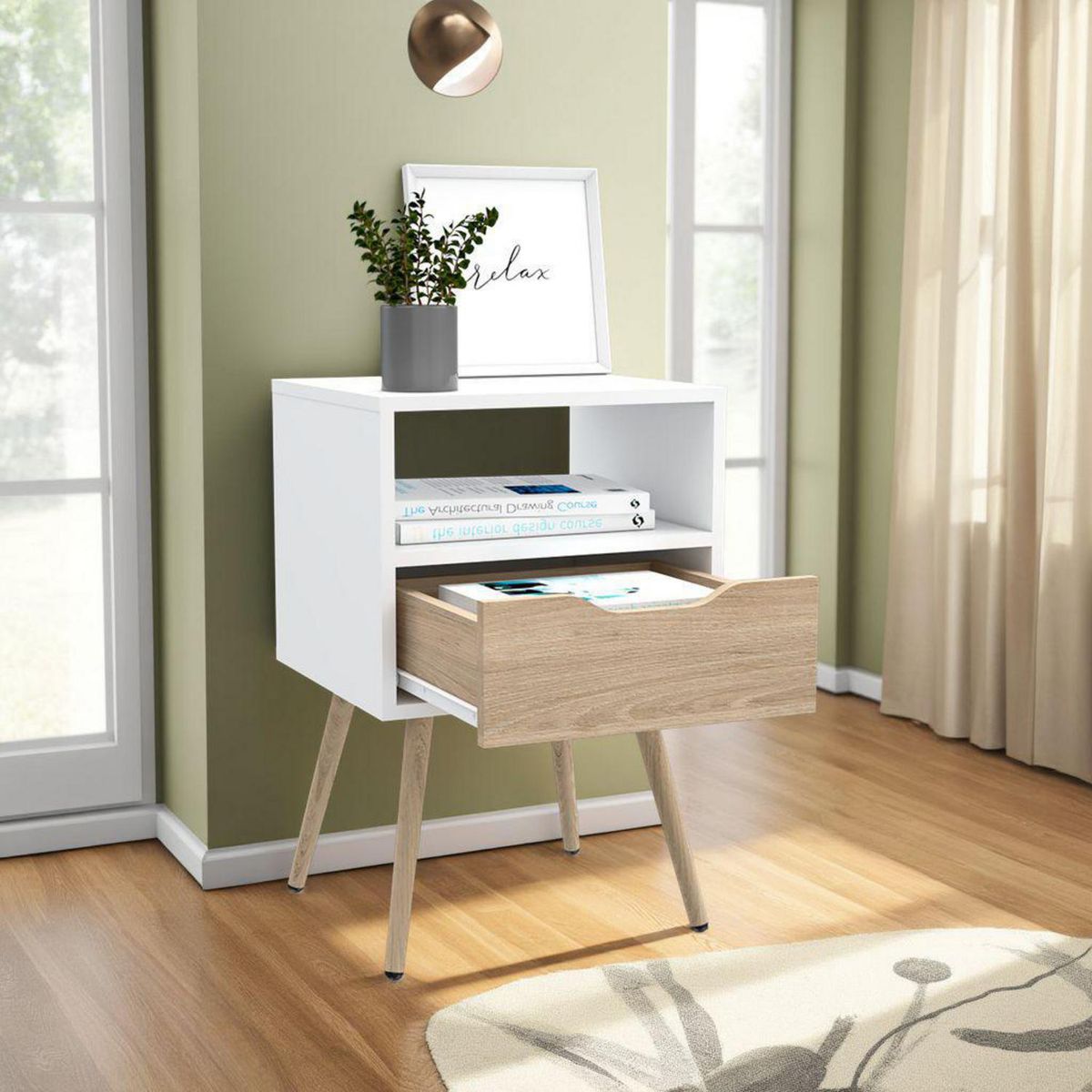 TUHOME - Velador 1 Cajón(es) Otom 40x63x35 cm Blanco y rovere