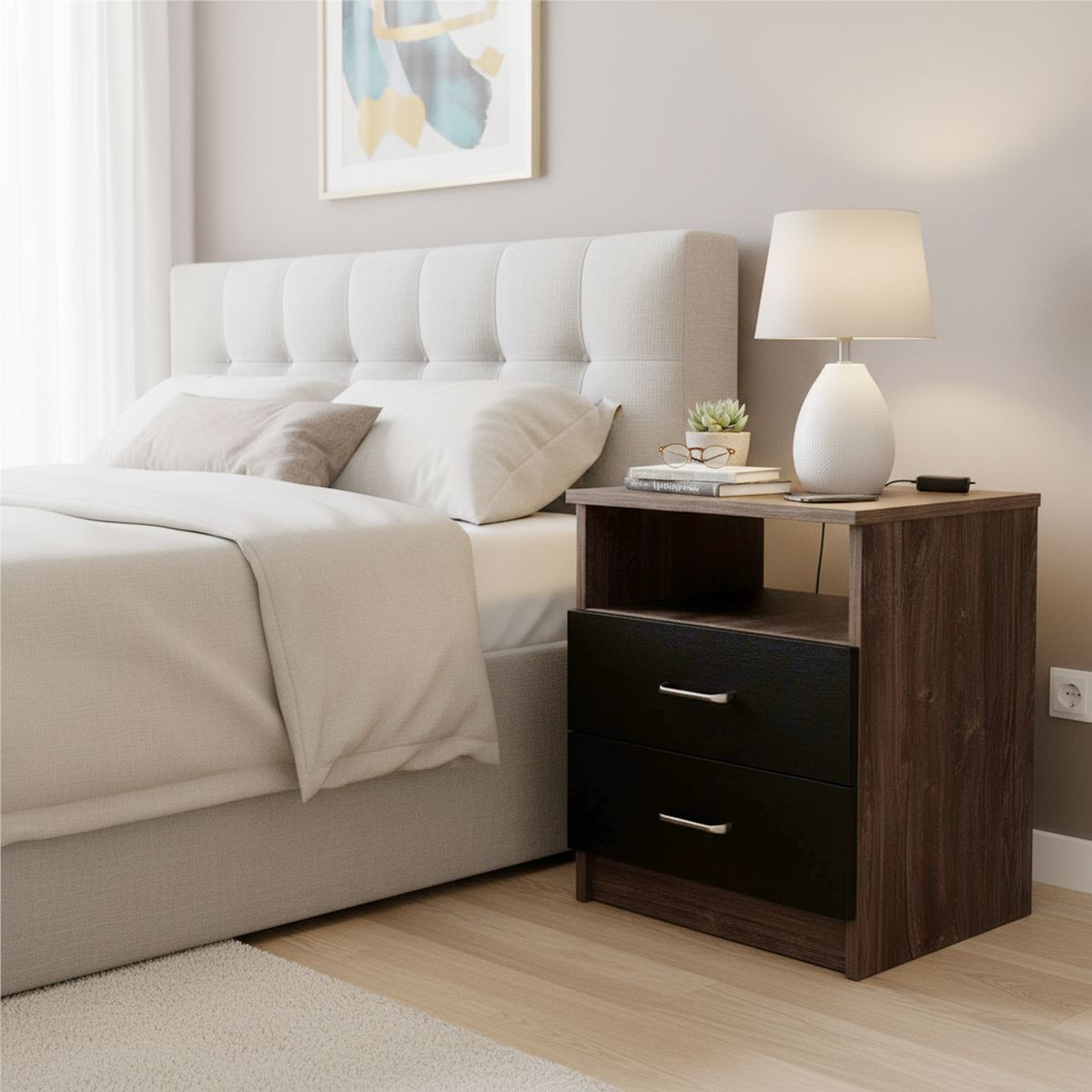 TUHOME - Velador 2 Cajón(es) Napoles 40.7x50.7x33 cm Siena y wengue