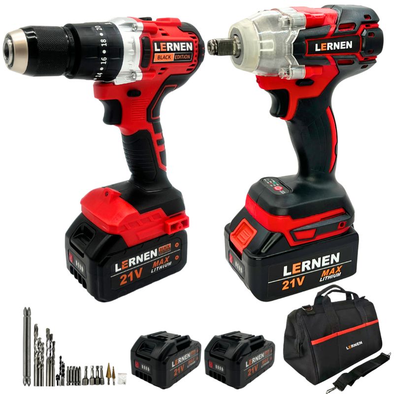 LERNEN - Taladro percutor 13mm + llave de impacto inalámbricos 21V + 2 baterías