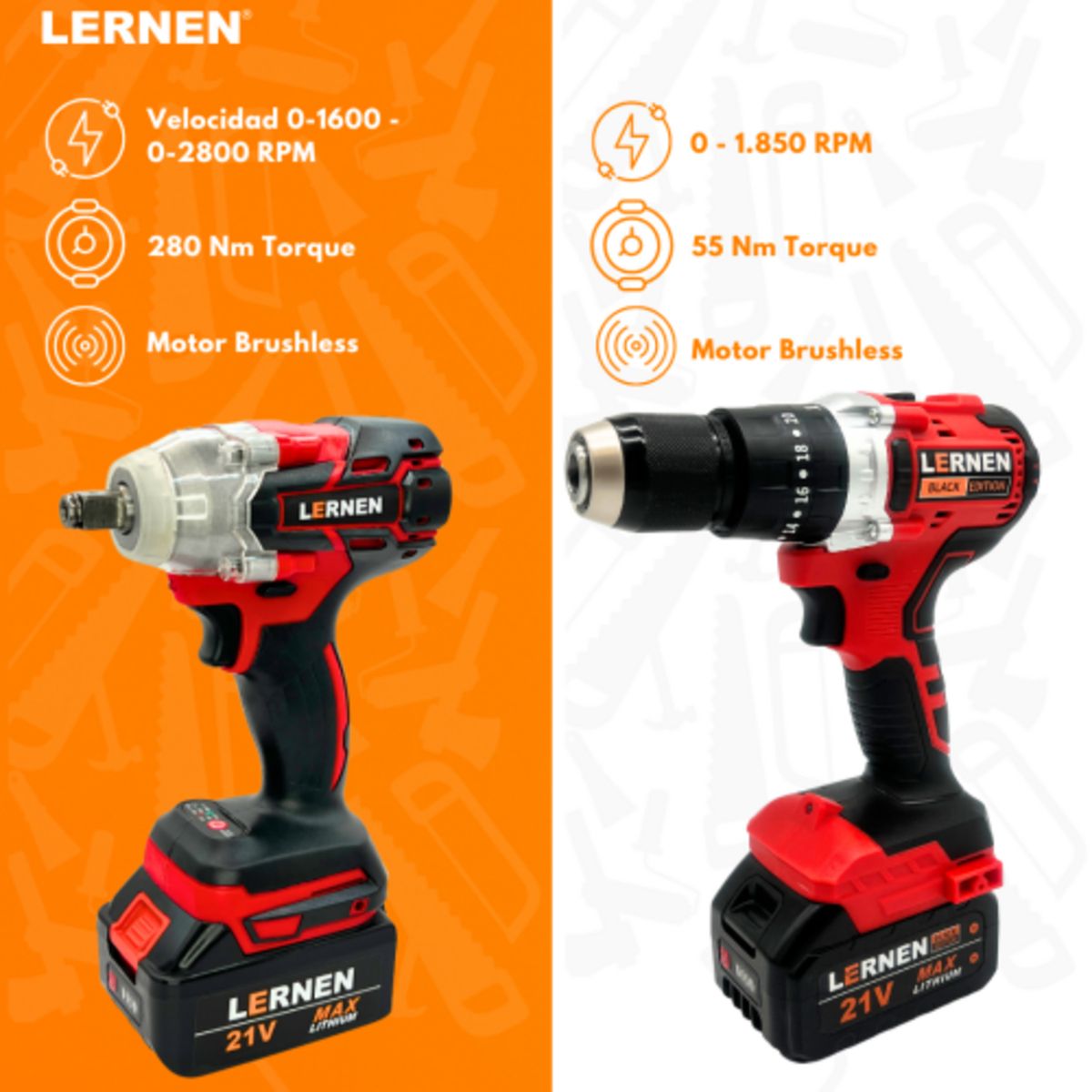 LERNEN - Taladro percutor 13mm + llave de impacto inalámbricos 21V + 2 baterías