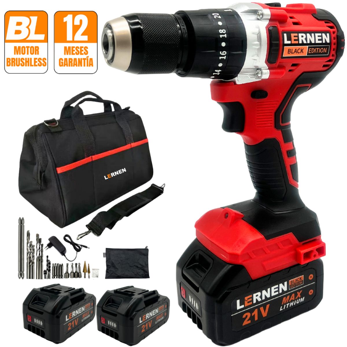 LERNEN - Taladro Inalámbrico Percutor 13mm 21 V + 2 Baterías