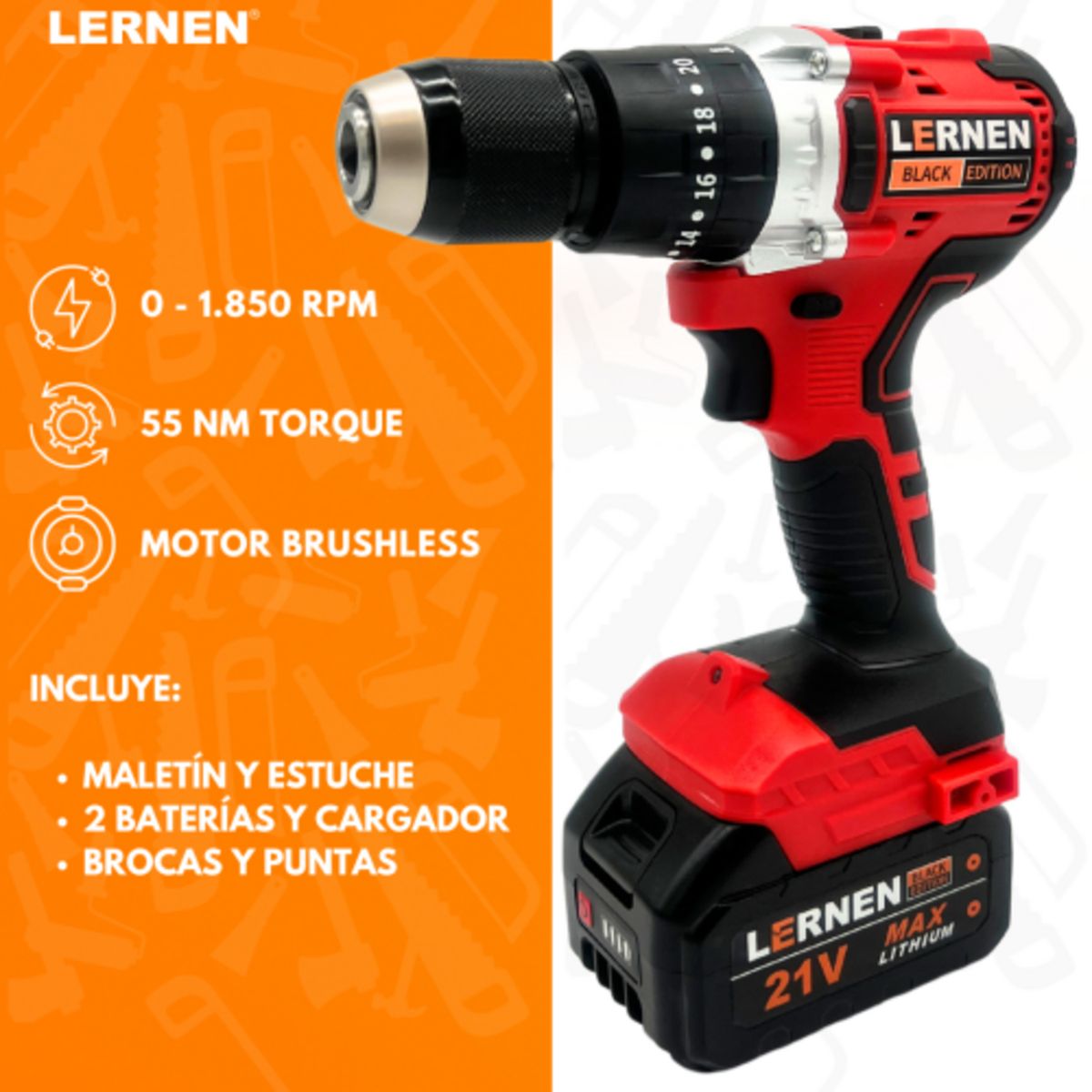 LERNEN - Taladro Inalámbrico Percutor 13mm 21 V + 2 Baterías