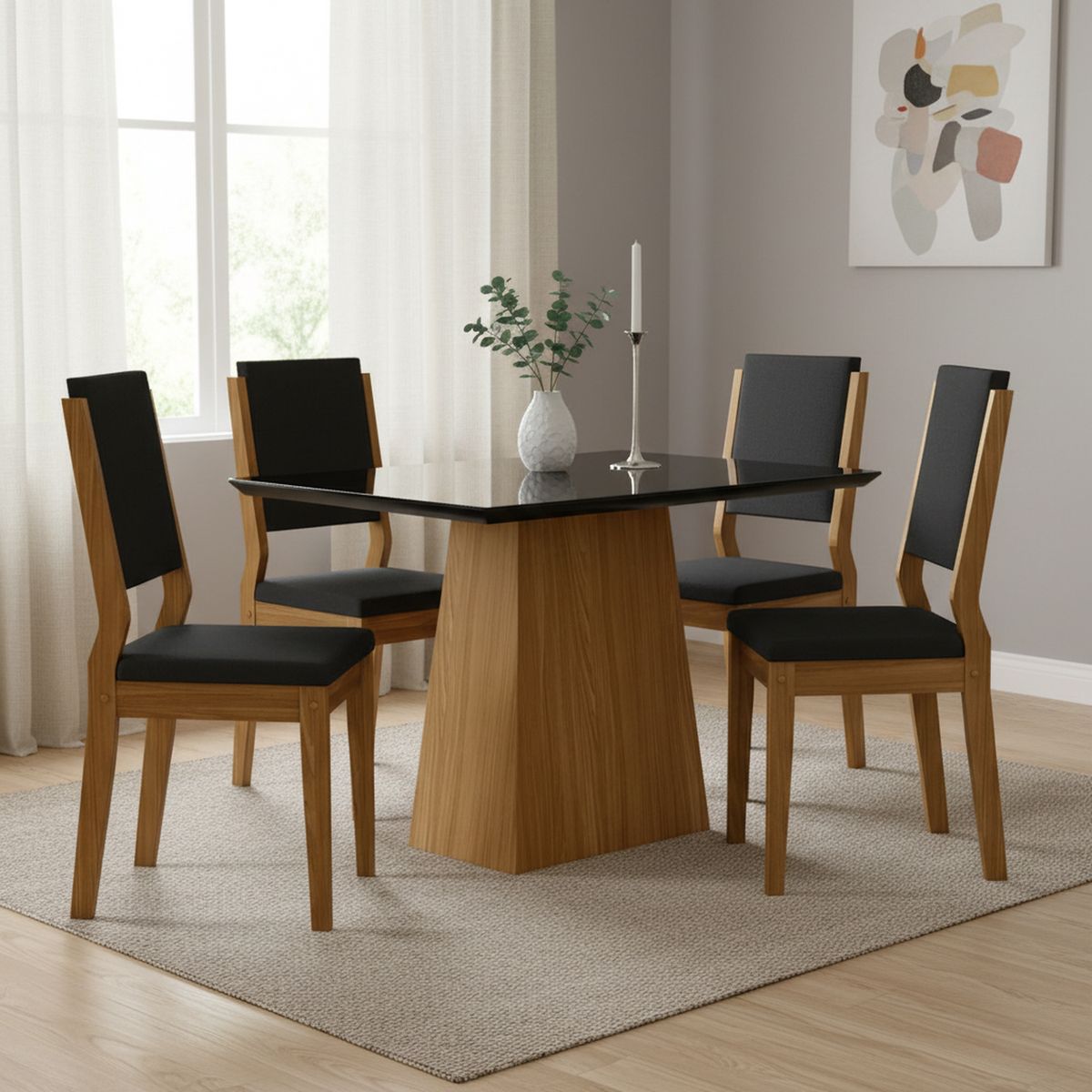 VEKKAHOME - Juego de comedor Barbi Carol 4 Sillas Mesa Rectangular 120x80x80 cm Negro