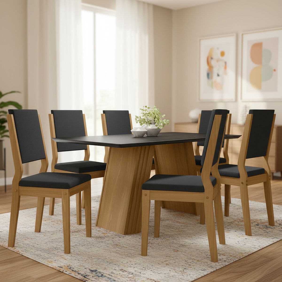 VEKKAHOME - Juego de comedor Fer Carol 6 Sillas Mesa Rectangular 160x90x80 cm Negro