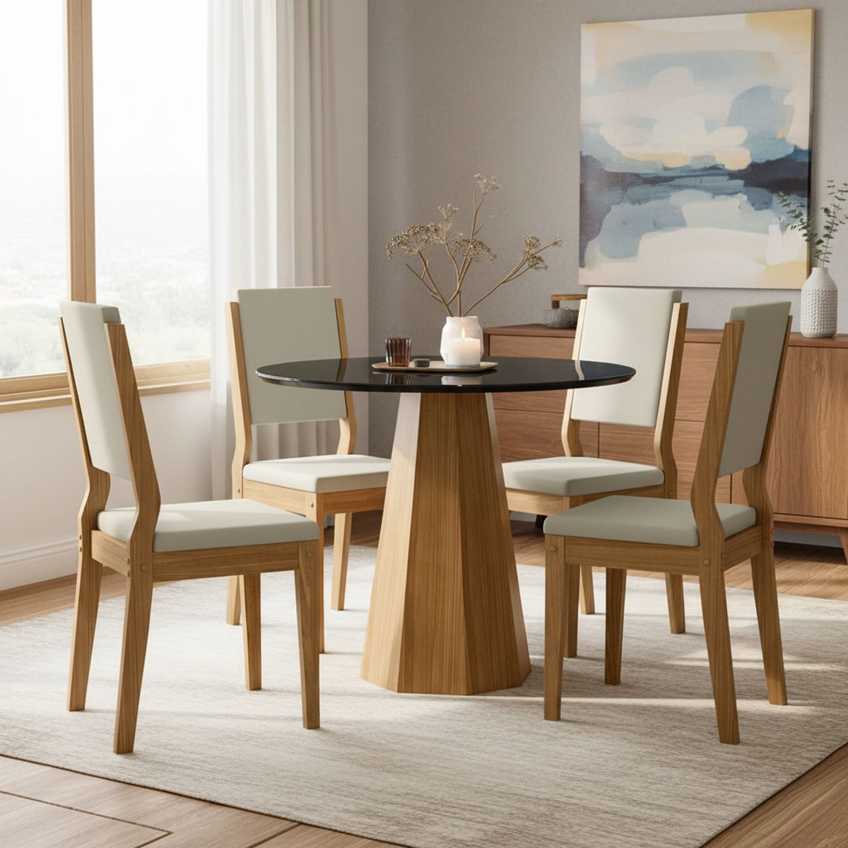 VEKKAHOME - Juego de comedor Isis Carol 4 Sillas Mesa Redonda 100x80 cm Negro