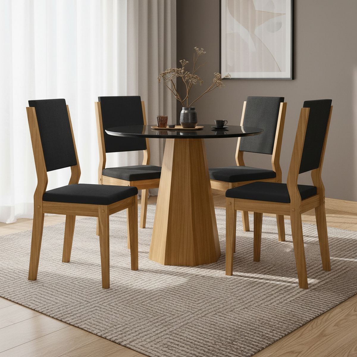 VEKKAHOME - Juego de comedor Isis Carol 4 Sillas Mesa Redonda 100x80 cm Negro