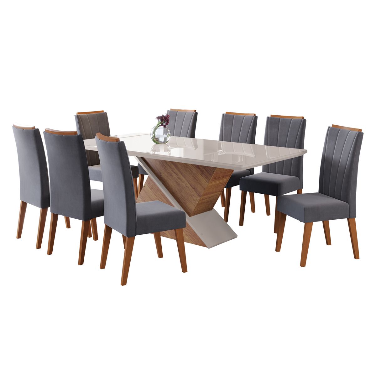 DI PORETTI - Juego de comedor Glamour 8 Sillas Mesa Rectangular 200x90x82 cm Blanco