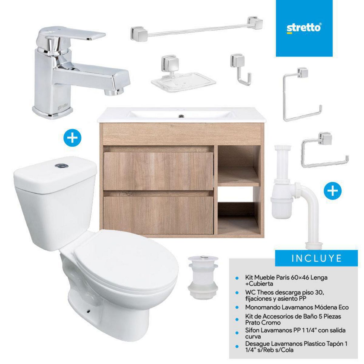 STRETTO - Combo Mueble Baño/ Wc/Grifería/Accesorios Paris 60 Lenga