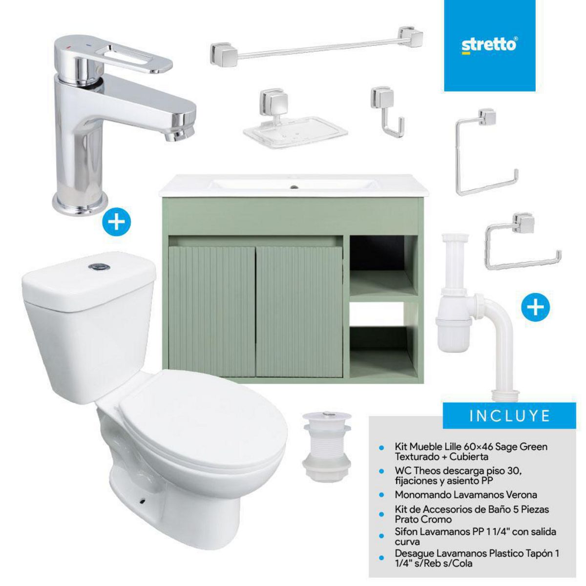 STRETTO - Combo Mueble Baño/ Wc/Grifería/Accesorios Lille 60 Sage Green Tex