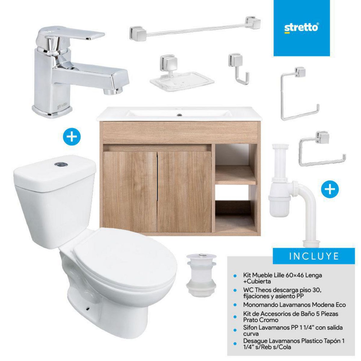 STRETTO - Combo Mueble Baño/ Wc/Grifería/Accesorios Lille 60 Lenga