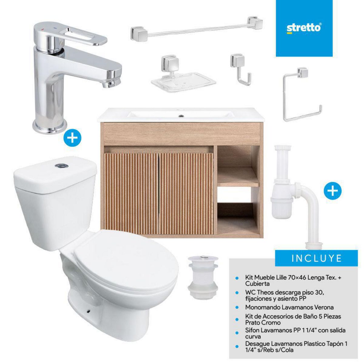 STRETTO - Combo Mueble Baño/ Wc/Grifería/Accesorios Lille 70 Lenga Tex