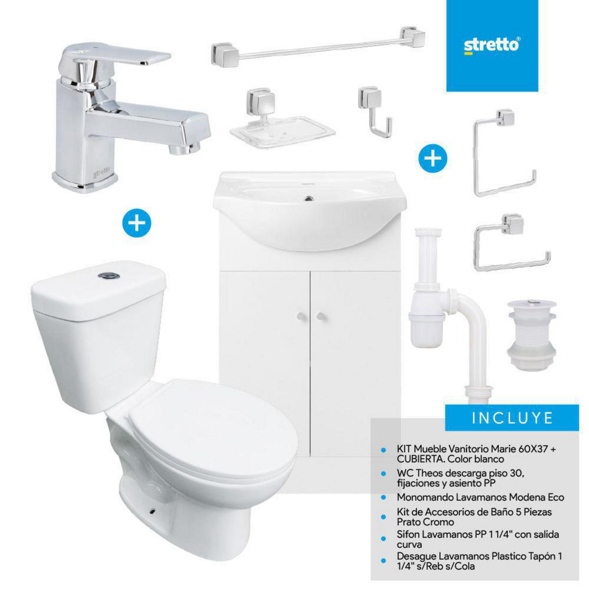 STRETTO - Combo Mueble Baño/ Wc/Grifería/Accesorios Marie 60
