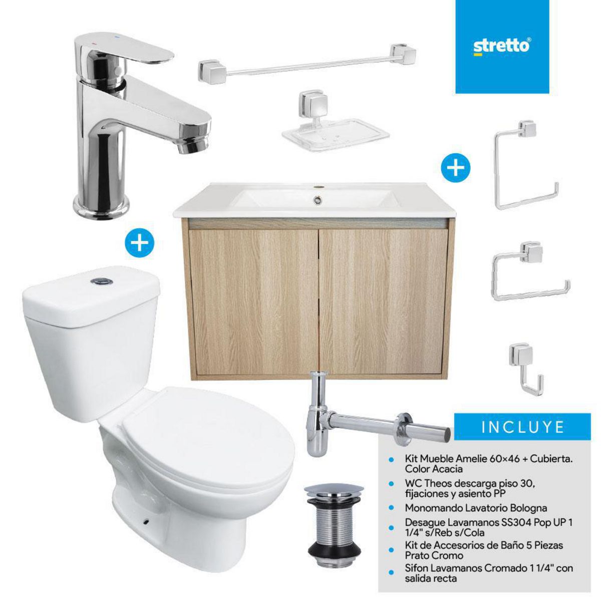STRETTO - Combo Mueble Baño/ Wc/Grifería/Accesorios Amelie 60 Acacia y Bologna