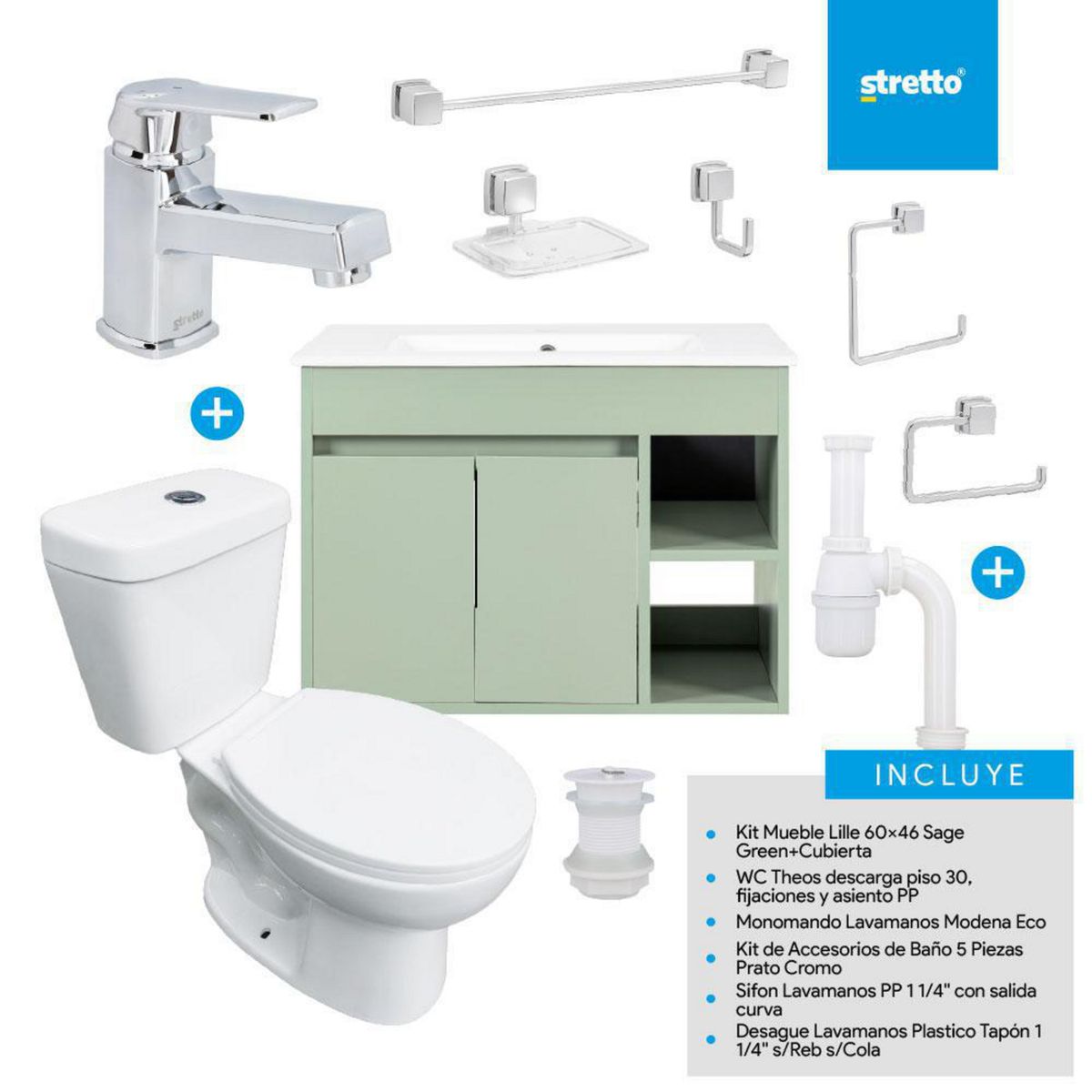 STRETTO - Combo Mueble Baño/ Wc/Grifería/Accesorios Lille 60 Sage Green