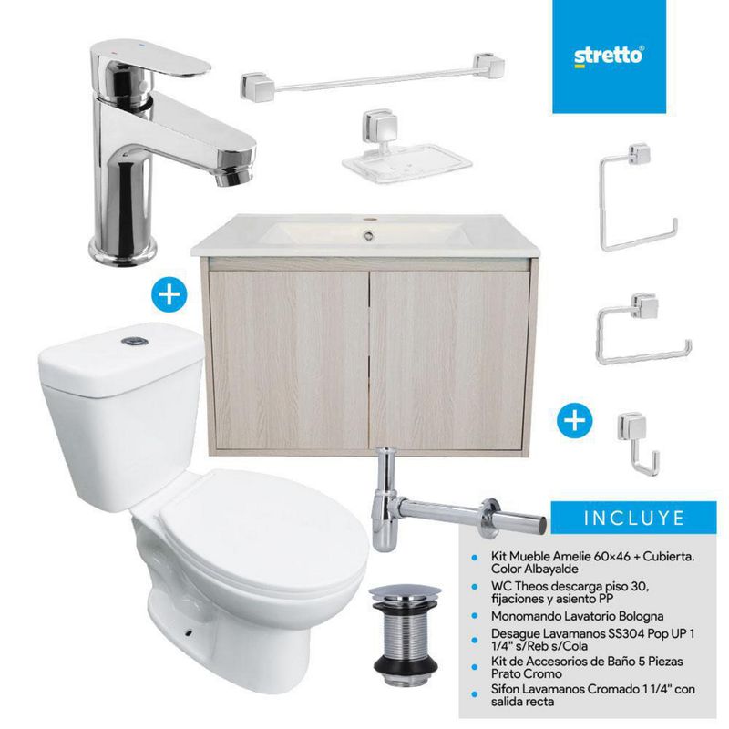 STRETTO - Combo Mueble Baño/ Wc/Grifería/Accesorios Amelie 60 Albayalde y Bologna