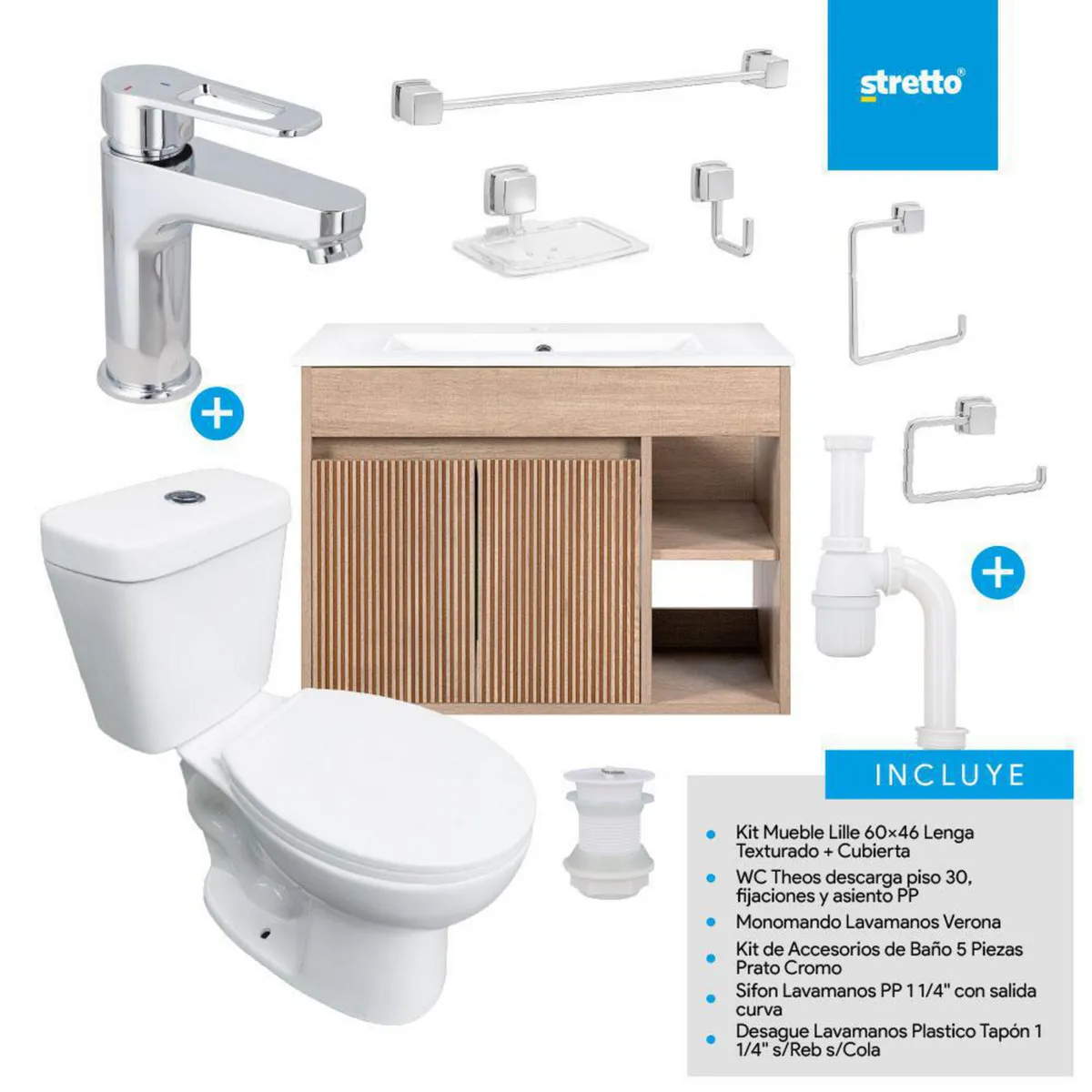 STRETTO - Combo Mueble Baño/ Wc/Grifería/Accesorios Lille 60 Lenga Tex