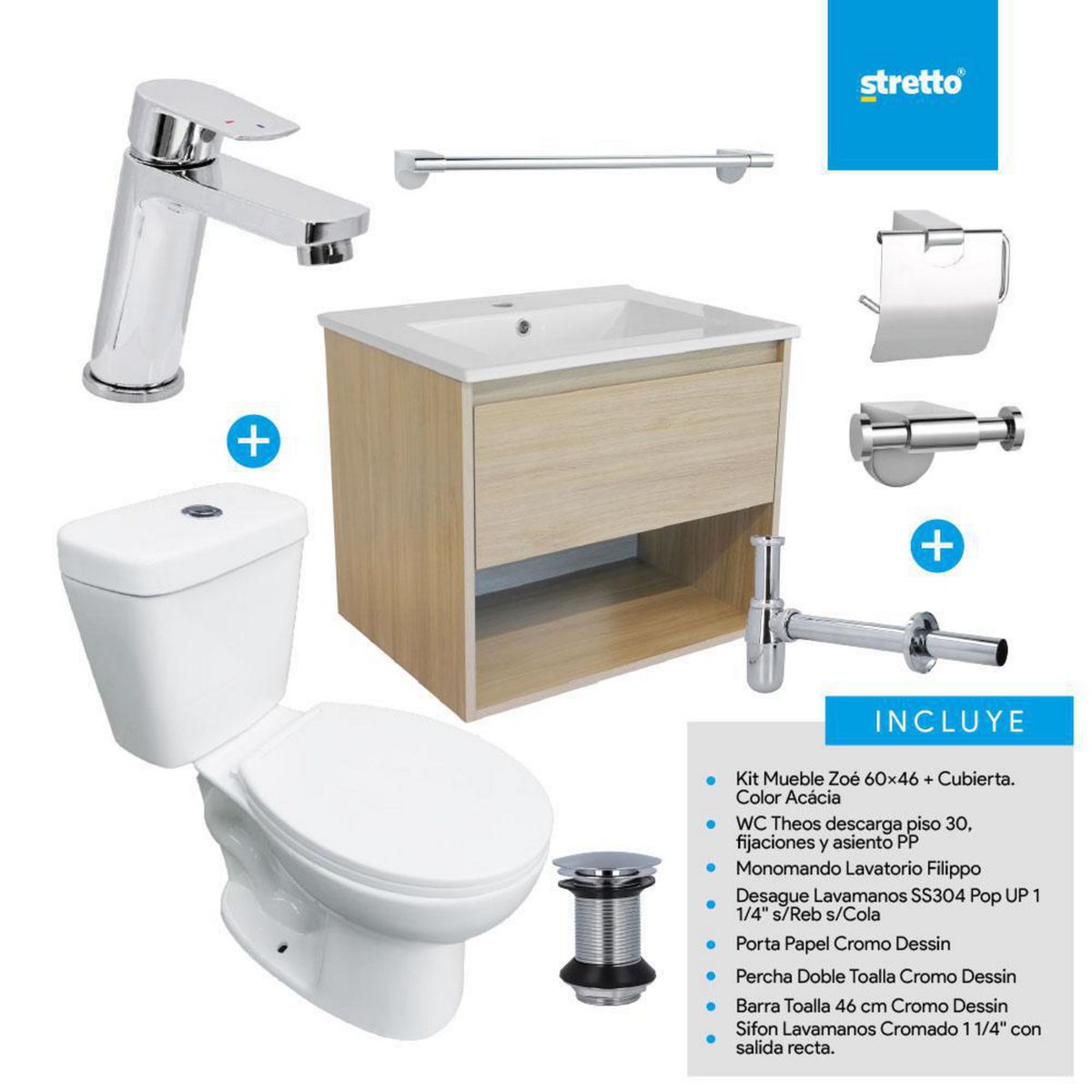 STRETTO - Combo Mueble Baño/ Wc/Grifería/Accesorios Zoé 60 Acacia
