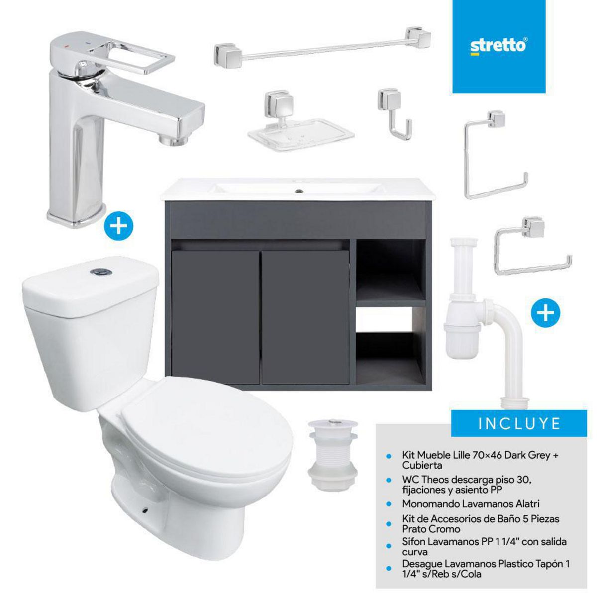 STRETTO - Combo Mueble Baño/ Wc/Grifería/Accesorios Lille 70 Dark Grey