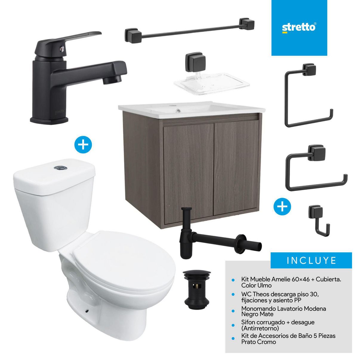 STRETTO - Combo Mueble Baño/ Wc/Grifería/Accesorios Negro Mate Amelie 60 Ulmo