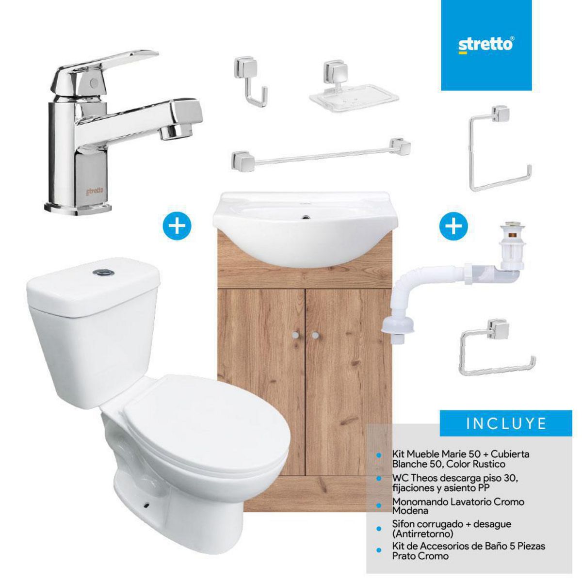 STRETTO - Combo Mueble Baño/ Wc/Grifería/Accesorios Marie 50 Rustico