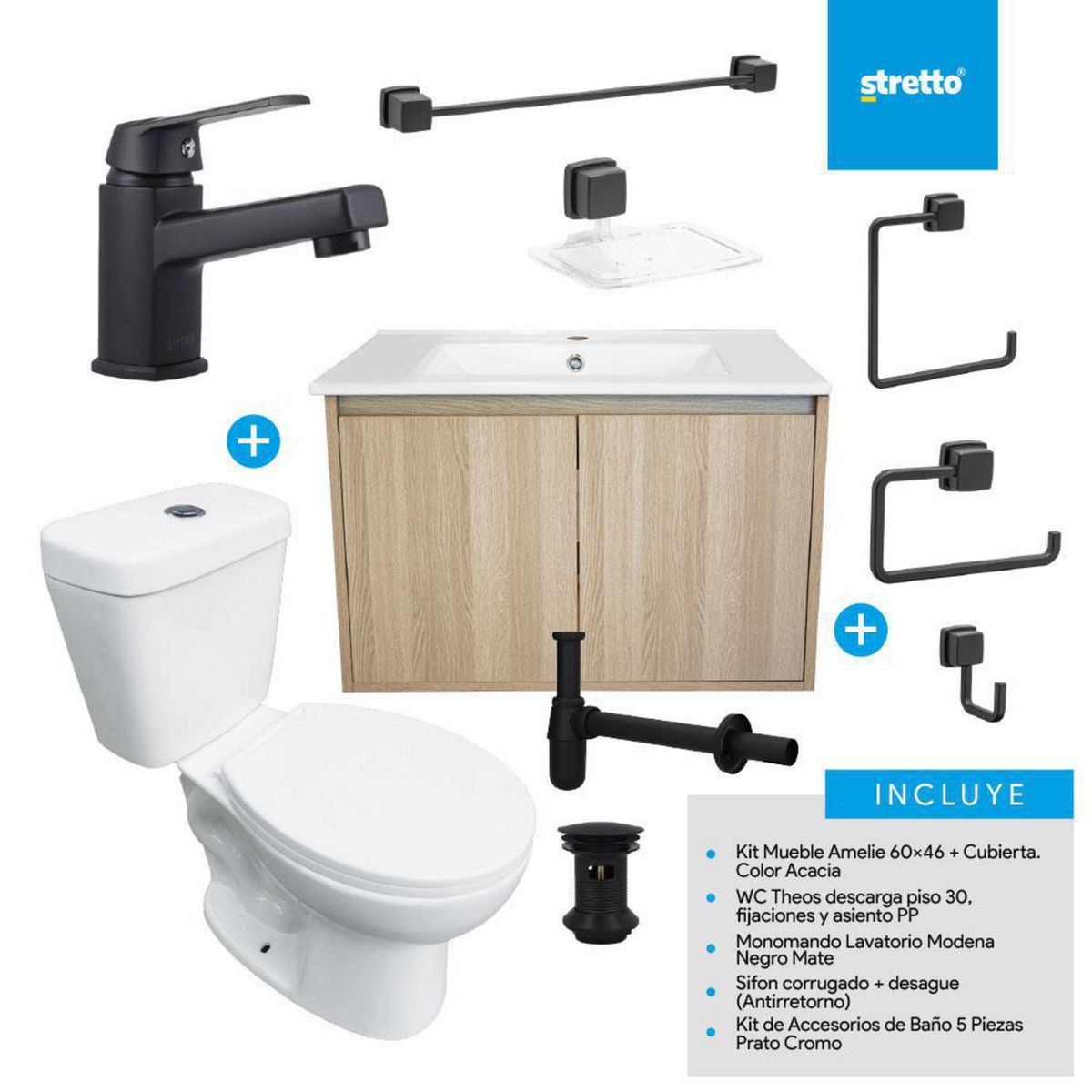 STRETTO - Combo Mueble Baño/ Wc/Grifería/Accesorios Negro Mate Amelie 60 Acacia