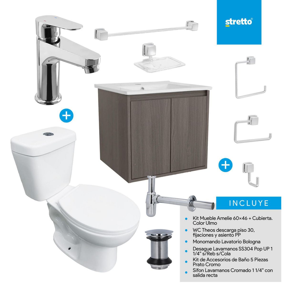 STRETTO - Combo Mueble Baño/ Wc/Grifería/Accesorios Amelie 60 Ulmo y Bologna