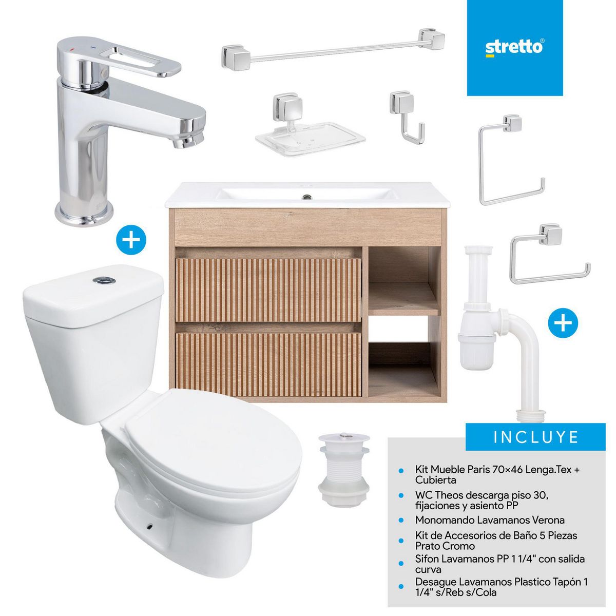 STRETTO - Combo Mueble Baño/ Wc/Grifería/Accesorios Paris 70 Lenga Tex