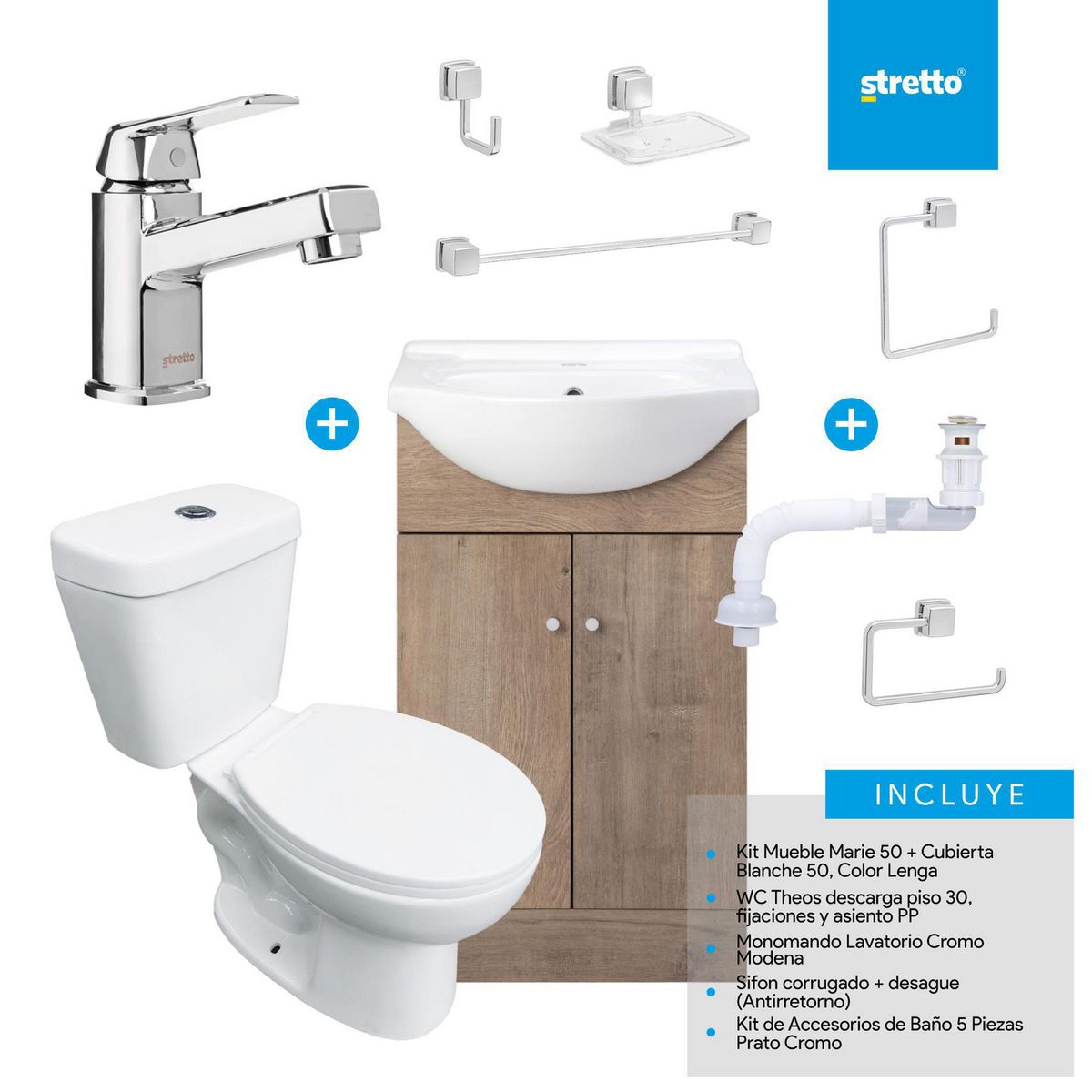 STRETTO - Combo Mueble Baño/ Wc/Grifería/Accesorios Marie 50 Lenga