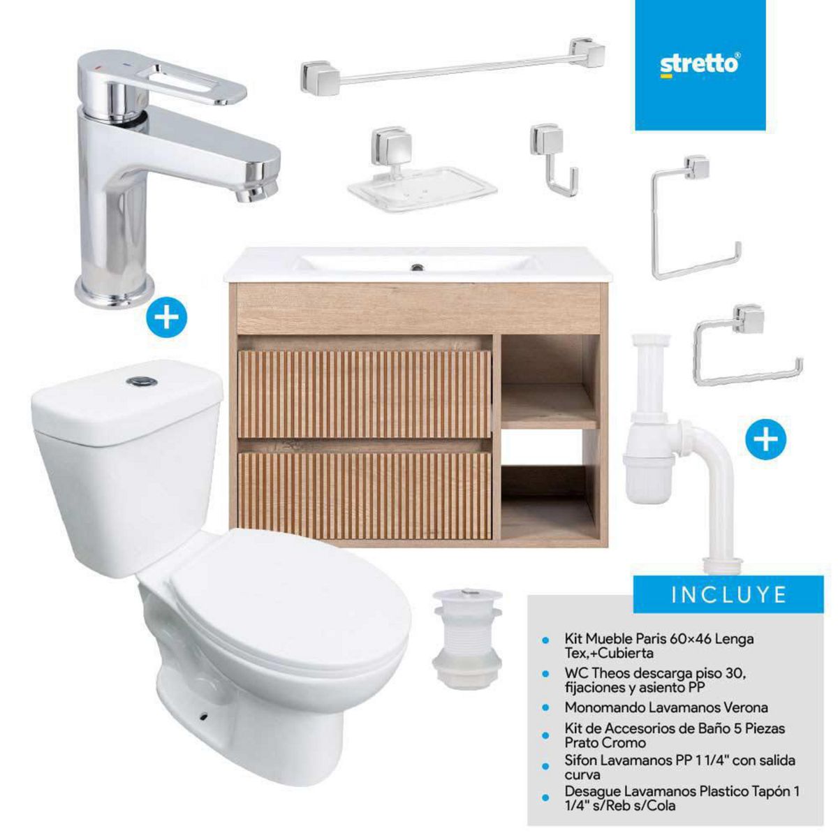 STRETTO - Combo Mueble Baño/ Wc/Grifería/Accesorios Paris 60 Lenga Tex