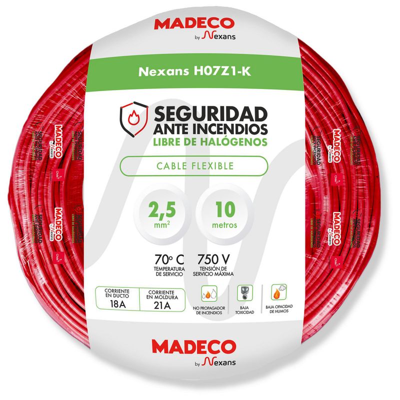 MADECO - Cable Libre de Halógeno 1x2,5 mm2 10 metro(s) Rojo