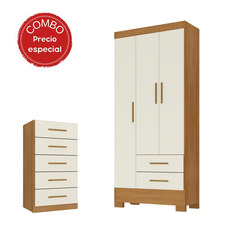 Combo Closet 3 Puertas 2 Cajones + Cómoda 5 Cajones Canela/Blanco Off White