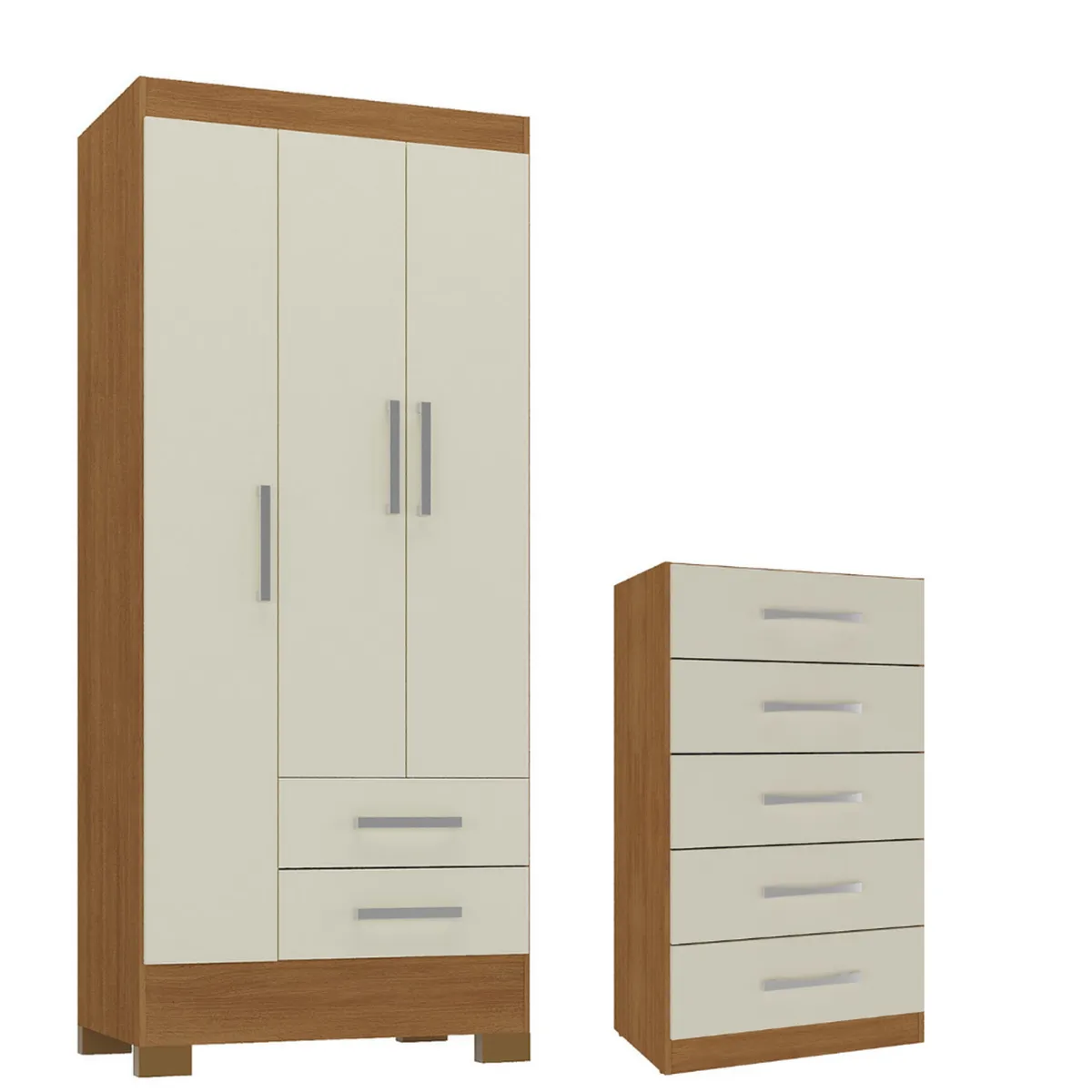 MOBILFRANK - Combo Closet 3 Puertas 2 Cajones + Cómoda 5 Cajones Canela/Blanco Off White