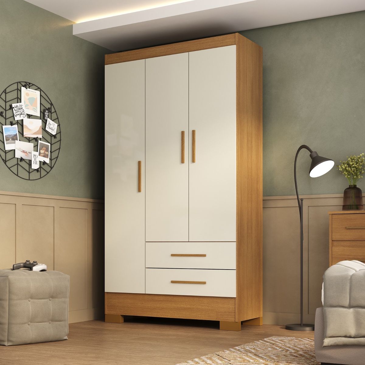 MOBILFRANK - Combo Closet 3 Puertas 2 Cajones + Cómoda 5 Cajones Canela/Blanco Off White