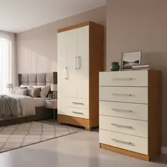 MOBILFRANK - Combo Closet 3 Puertas 2 Cajones + Cómoda 5 Cajones Canela/Blanco Off White