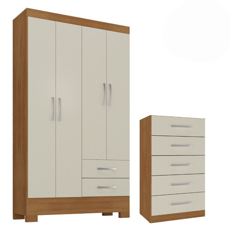 MOBILFRANK - Combo Closet 4 Puertas  2 Cajones + Cómoda 5 Cajones Canela/Blanco