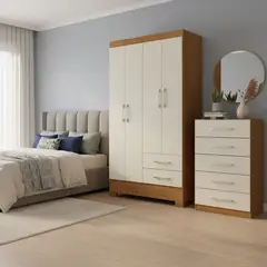MOBILFRANK - Combo Closet 4 Puertas 2 Cajones + Cómoda 5 Cajones Canela/Blanco