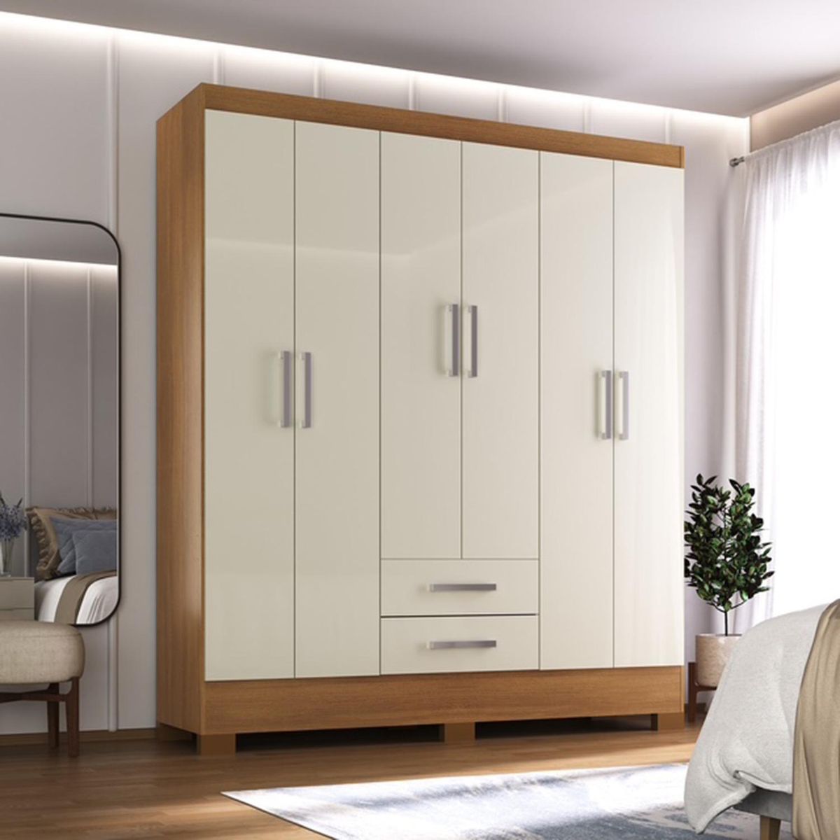 MOBILFRANK - Closet 6 Puerta(s) 2 Cajón(es) 4 Repisa(s) 135.3x180x35 cm Café Canela y Blanco Off White