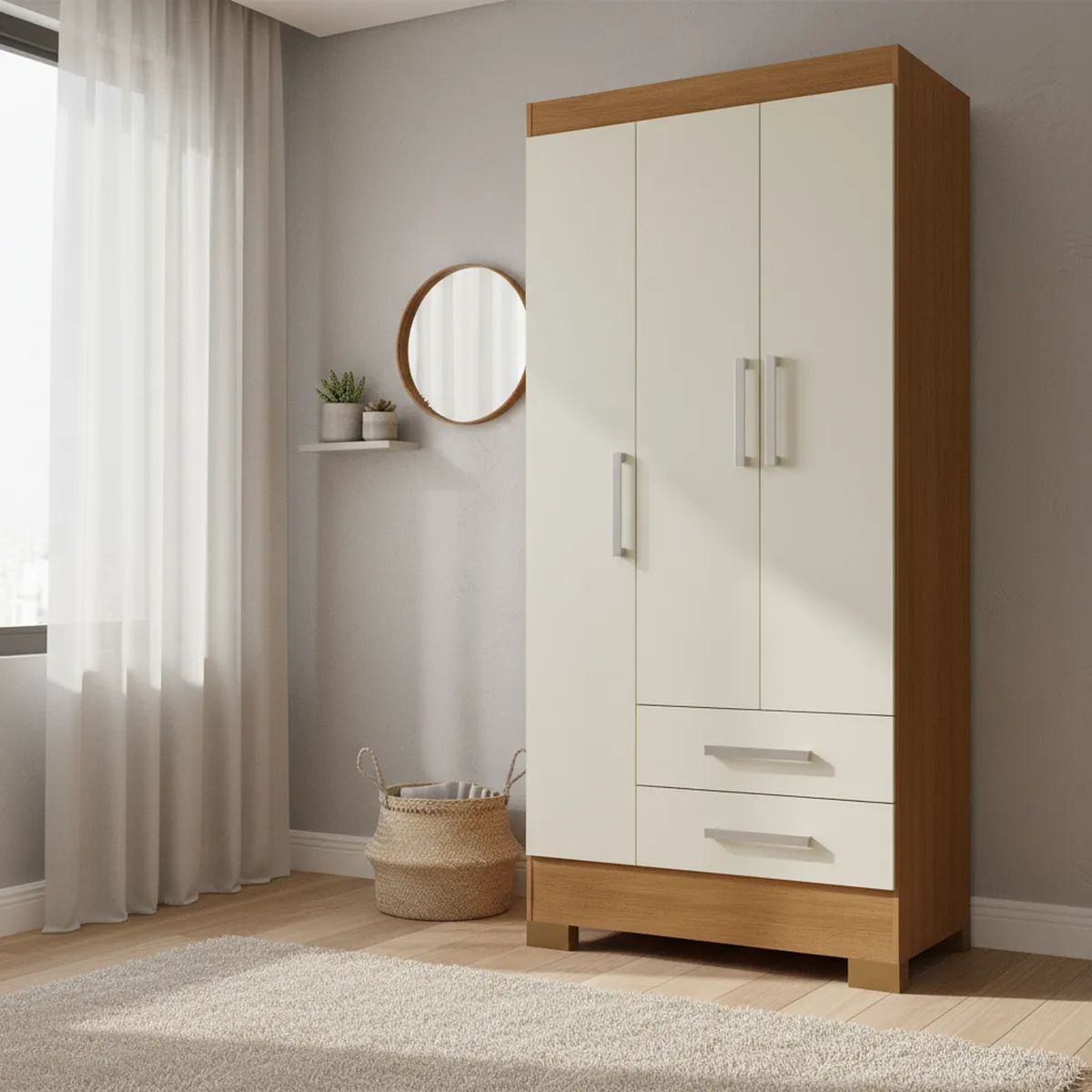 MOBILFRANK - Closet 3 Puerta(s) 2 Cajón(es) 3 Repisa(s) 68.2x180x35 cm Café Canela y Blanco Off White