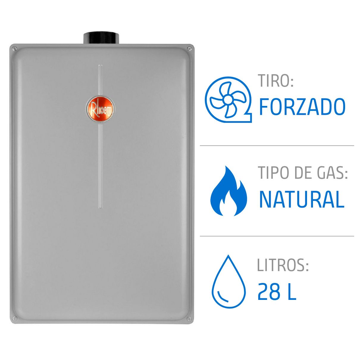 RHEEM - Calefón Gas Natural 28 Litros Tiro Forzado Ionizado