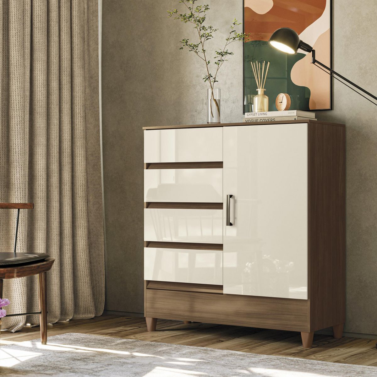 ALTAVISION - Cómoda 4 Cajón(es) Fit Jequi 90x100.7x39.2 cm Blanco Off/Café