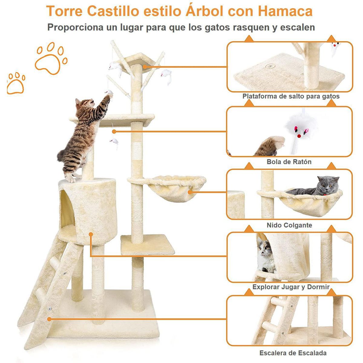 LERNEN - Torre castillo y rascador para gatos interactivo beige