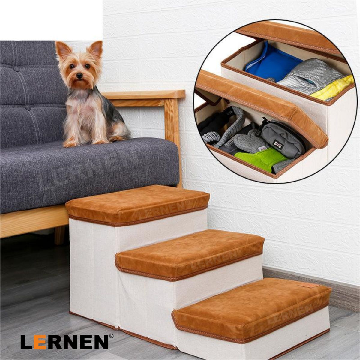 LERNEN - Escalera para perros y gatos con estantes guardadores